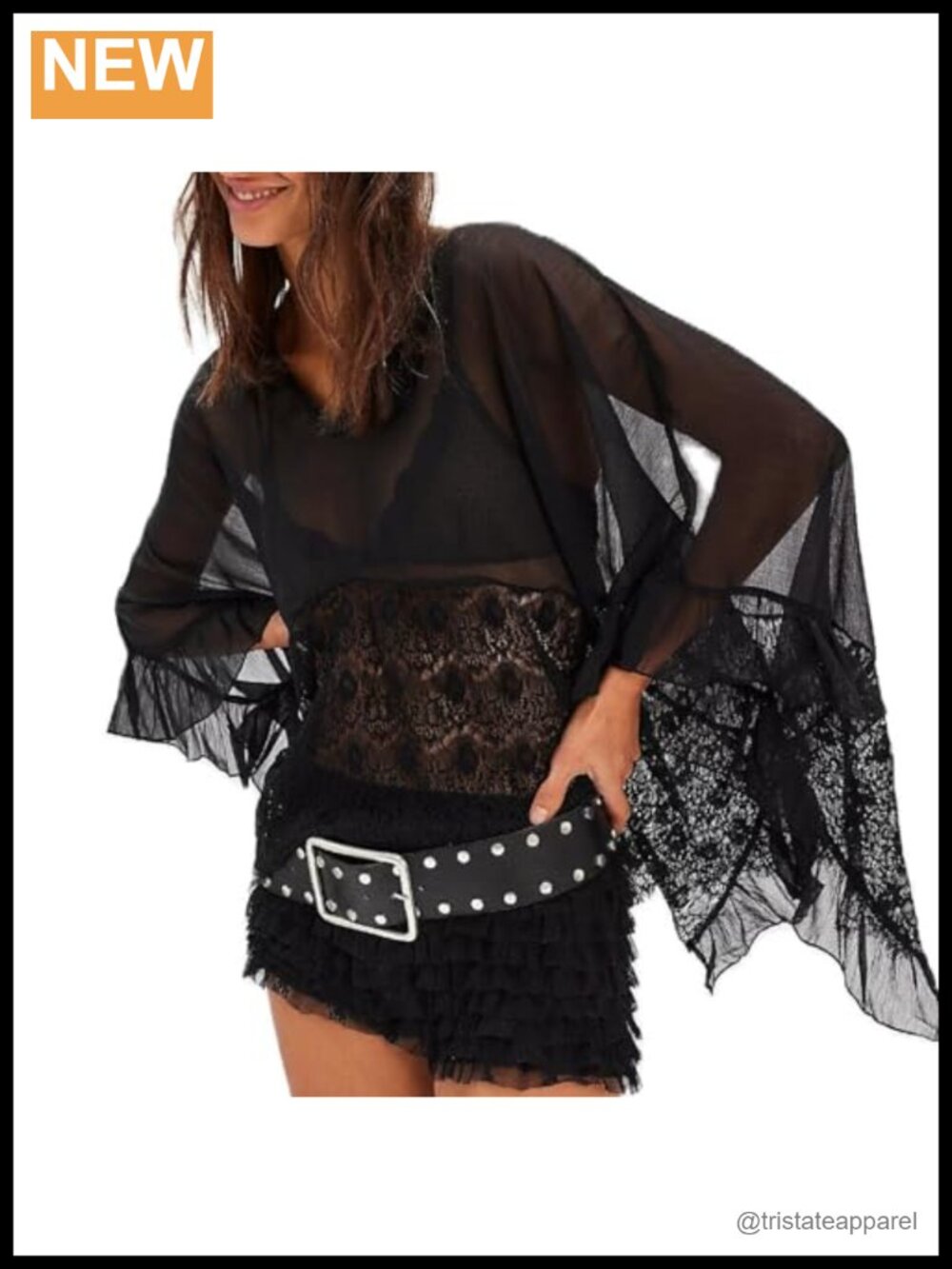 Women's Sheer Lace Poncho Top Y2K Batwing Sleeve Flowy Blouse